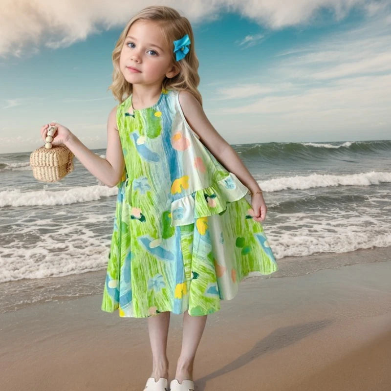 Summer Children's Beach Vacation Dresses Sundress Baby Girls Sleeveless Casual Dress Fashion Printed Kids Outdoor Clothes Gifts