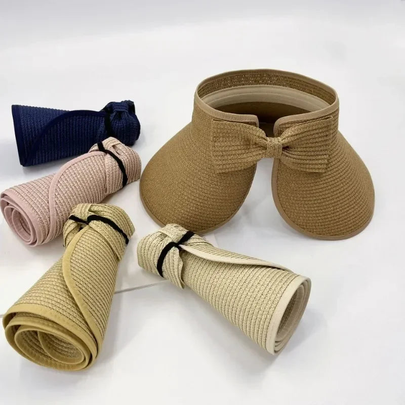 Summer Empty Straw Hat for Women Foldable Outdoor Portable Bow Wide Brimmed Sun Protection Beach Hat Breathable Caps Straw Hat