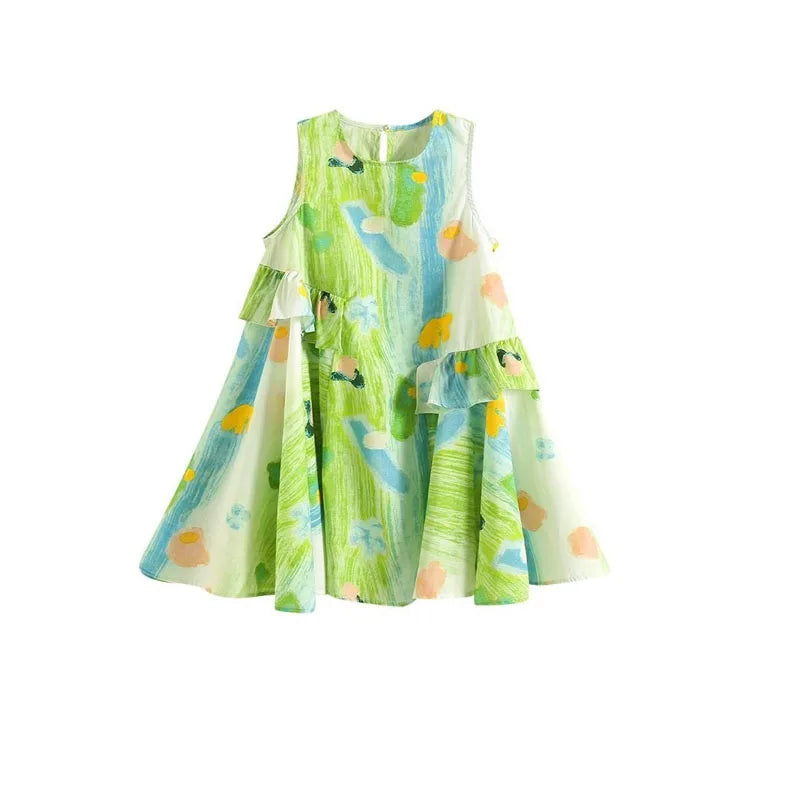 Summer Children's Beach Vacation Dresses Sundress Baby Girls Sleeveless Casual Dress Fashion Printed Kids Outdoor Clothes Gifts
