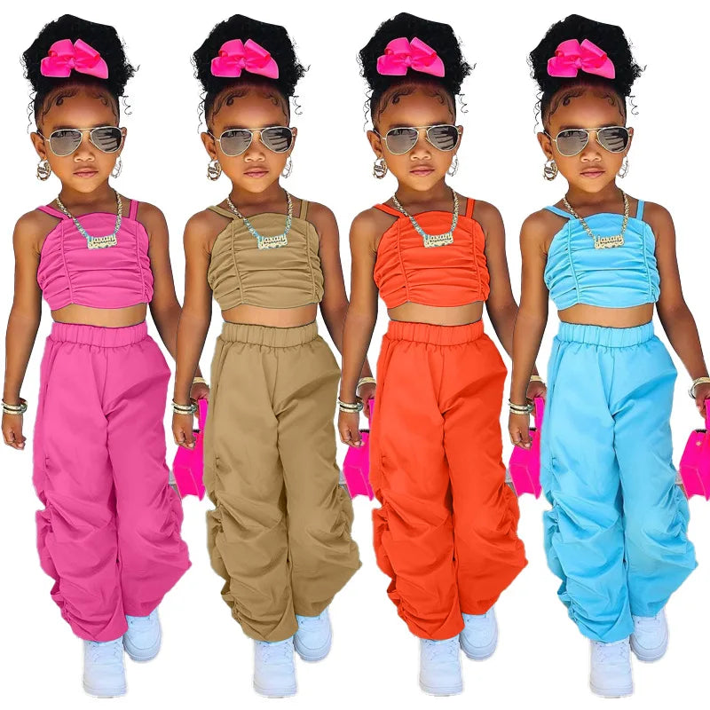 Kids Summer Clothing For Girls Sleeveless Crop Tops+Cargo Pants 2pcs/sets Children's Fashion Clothes Outfits Girl