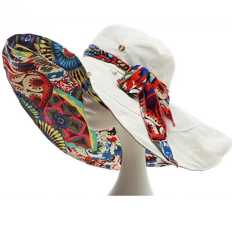 Sun Hats for Women Summer Large Beach Hat Flower Printed Wide Brim Bob Chapeu Panama Feminino