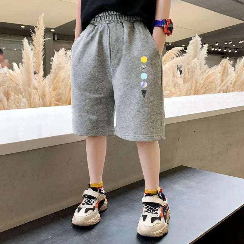 Kids Summer Cartoon Shorts 7-13 Years Children Cotton Elastic Waist Knee Length Pants Gray School Student Boys Short Sweatpants