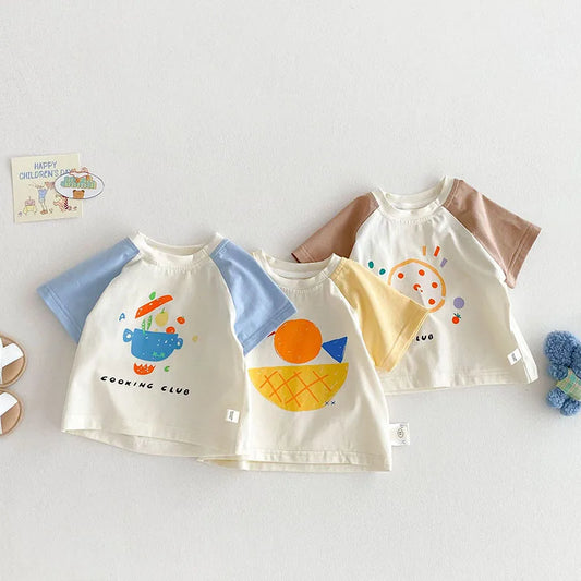 Summer Baby T-shirt Cute Cartoon Fruit Printing Boys Tee Children Color Block Fashion Clothes Tops