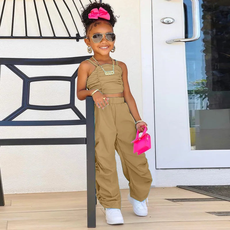 Kids Summer Clothing For Girls Sleeveless Crop Tops+Cargo Pants 2pcs/sets Children's Fashion Clothes Outfits Girl