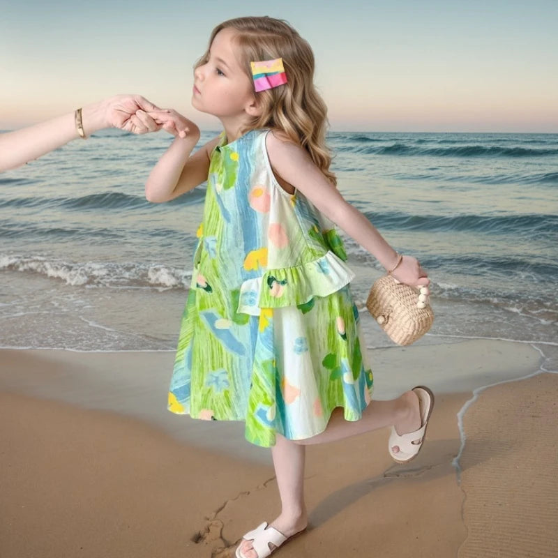 Summer Children's Beach Vacation Dresses Sundress Baby Girls Sleeveless Casual Dress Fashion Printed Kids Outdoor Clothes Gifts