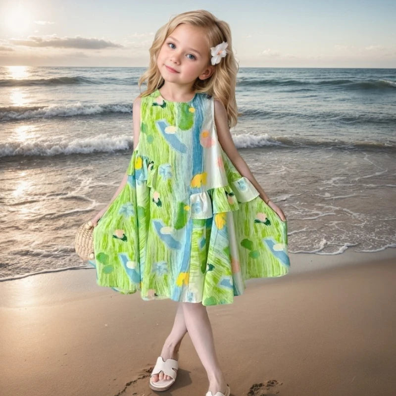 Summer Children's Beach Vacation Dresses Sundress Baby Girls Sleeveless Casual Dress Fashion Printed Kids Outdoor Clothes Gifts