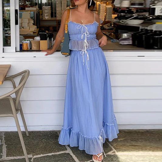 Women's Summer Elegant Skirts Outfits Fashion Patchwork Front Tie-Up Spaghetti Strap Camisoles Tank Tops + Long Skirts Set