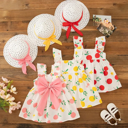 Summer Kids Beach Dress Fashion Casual Fruit Printed Dress with Hat Suit 2025New Girl Clothing