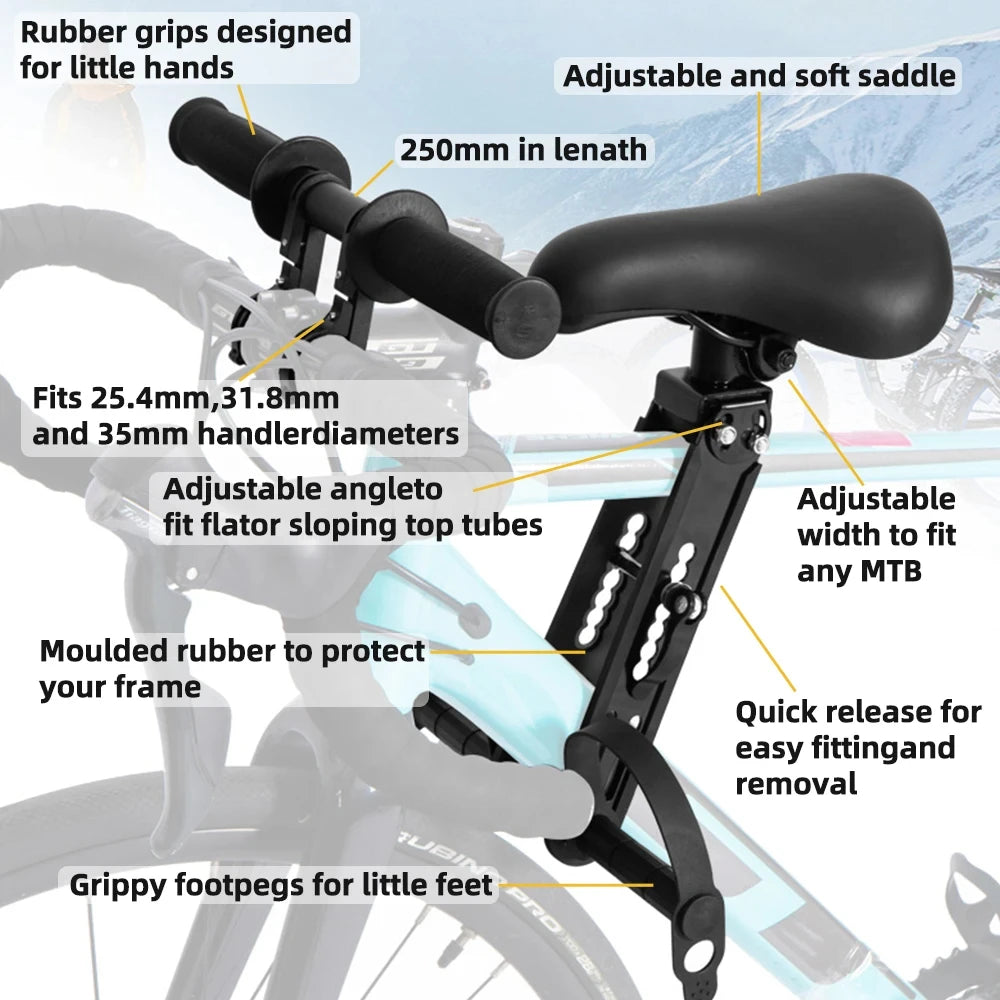 Adjustable Kids Front Bike Seat Universal Child Safety Saddle with Handlebar Pedals Quick Release Mount Parent-Child Cycle Seat