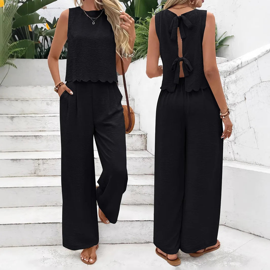 Summer Women 2 Pieces Outfits Contrast Lace UP Hollow V-Neck Tank Top Blouses & High Waist Wide Leg Pants Set For Women