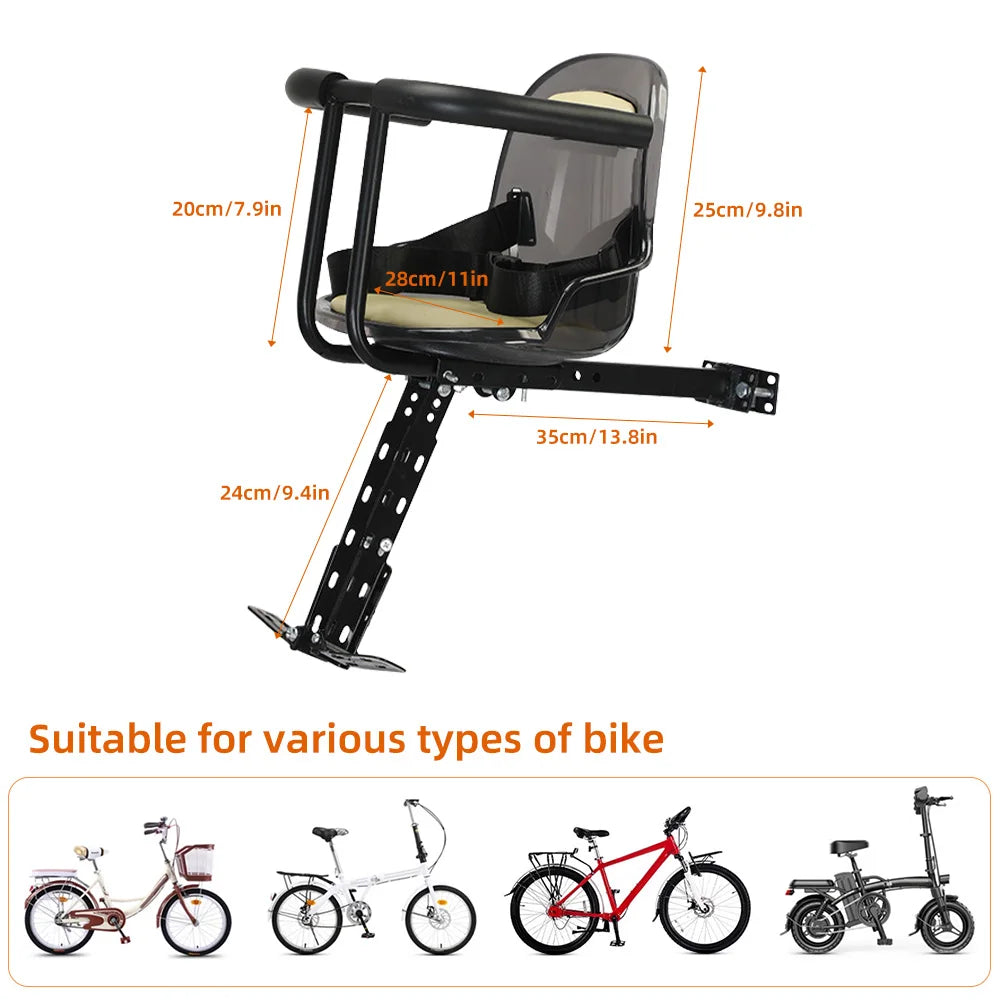 Front Mount Kids Bike Seat Mountain Bike Child Safety Seat with Guardrail and Safety Bicycle Seat Belt Bike Accessories