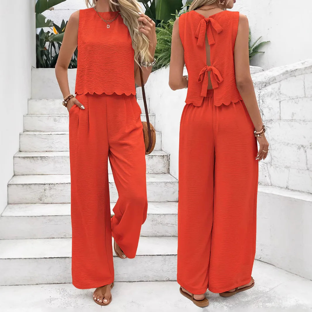 Summer Women 2 Pieces Outfits Contrast Lace UP Hollow V-Neck Tank Top Blouses & High Waist Wide Leg Pants Set For Women
