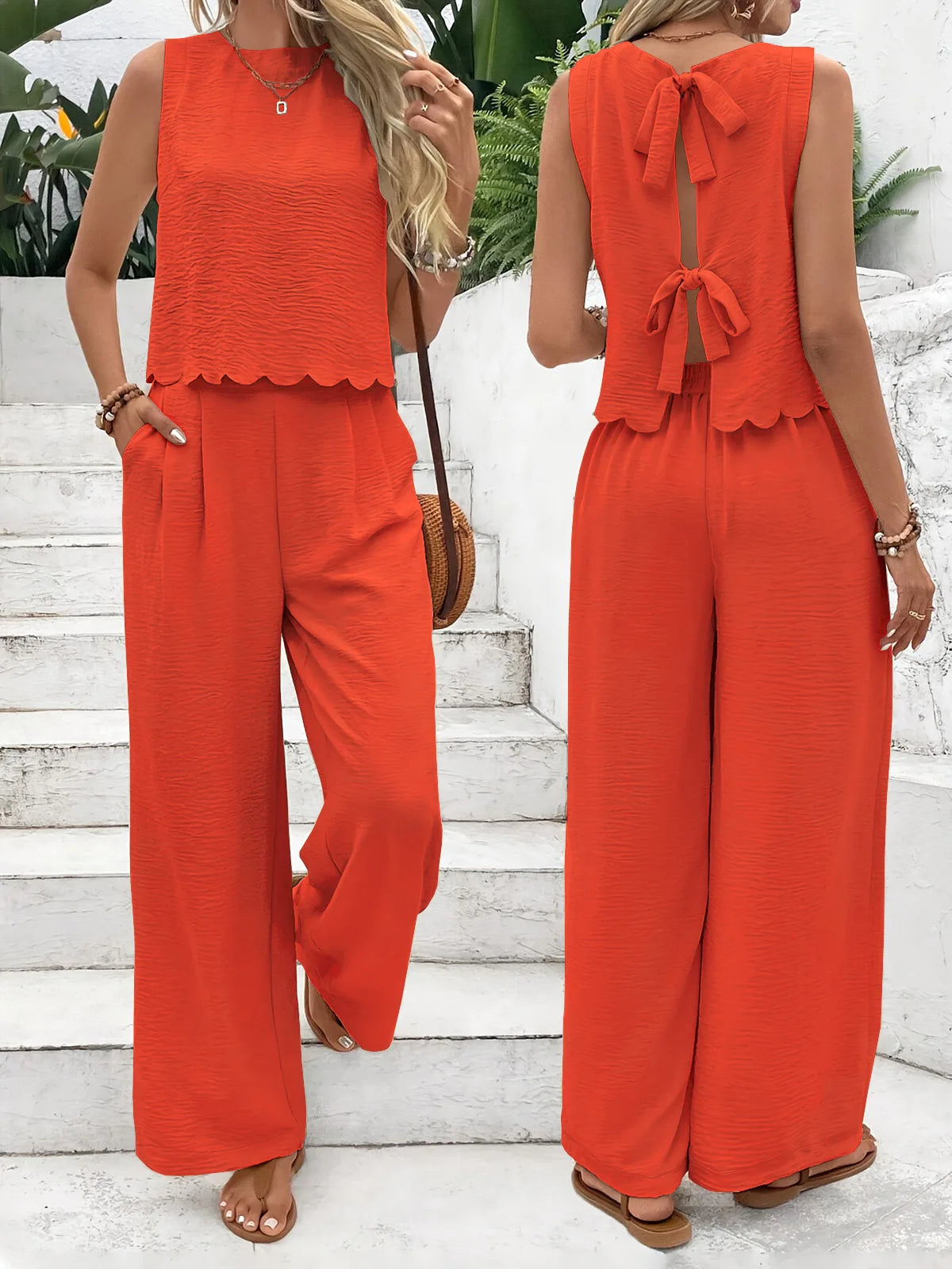 Summer Women 2 Pieces Outfits Contrast Lace UP Hollow V-Neck Tank Top Blouses & High Waist Wide Leg Pants Set For Women