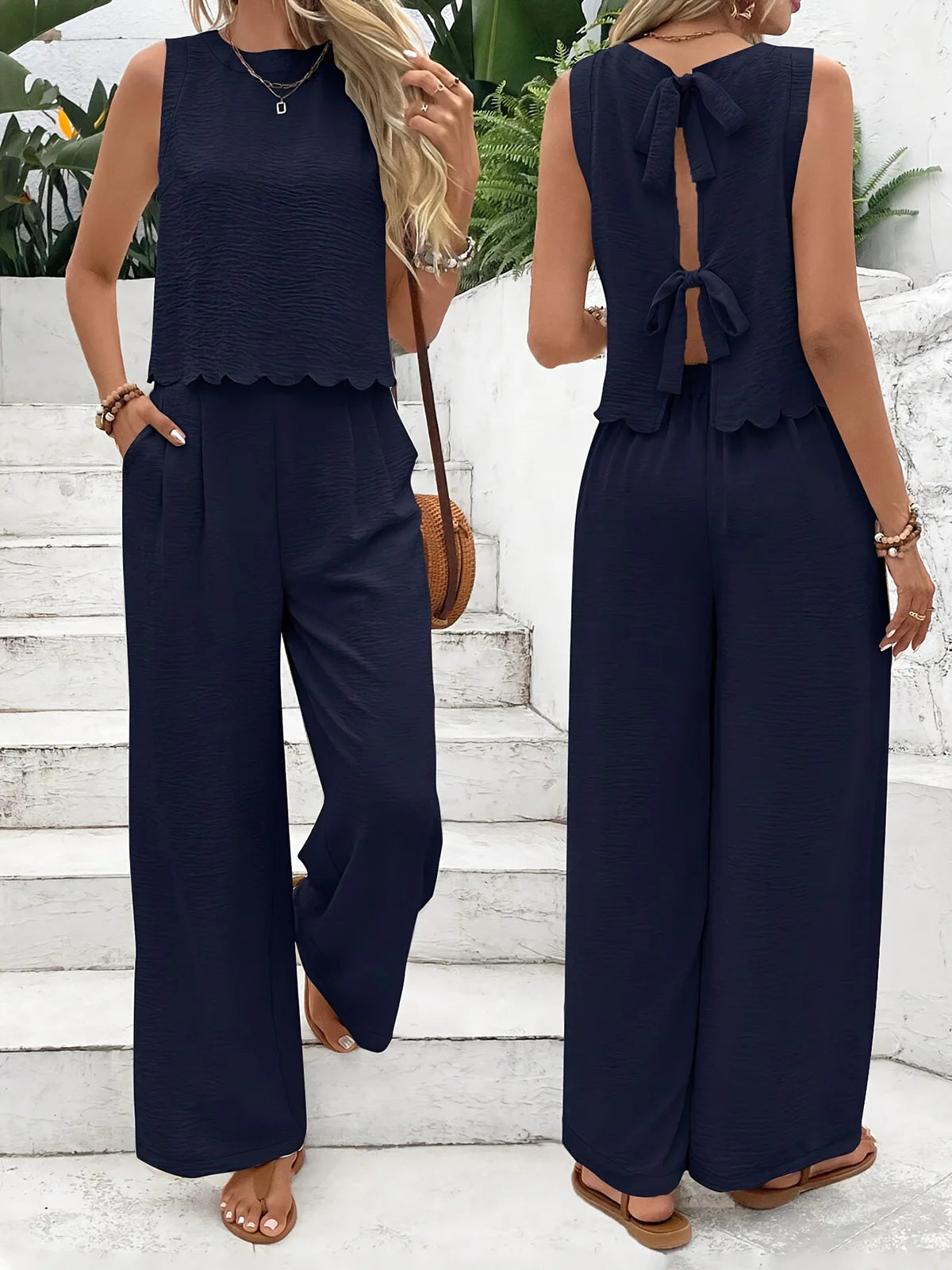 Summer Women 2 Pieces Outfits Contrast Lace UP Hollow V-Neck Tank Top Blouses & High Waist Wide Leg Pants Set For Women