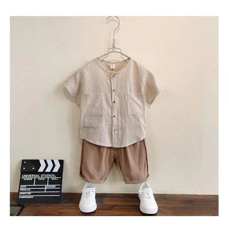 Summer Boys Set Children's Clothing 2025 Korean Handsome Baby Short Sleeve 4-6 Year Old Cotton/ Linen Toddler Kids Two Piece Set