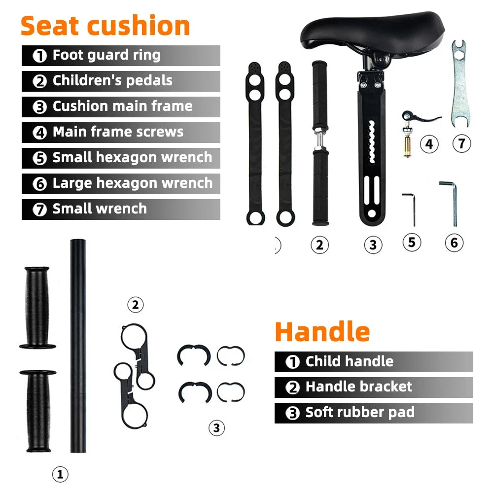 Adjustable Kids Front Bike Seat Universal Child Safety Saddle with Handlebar Pedals Quick Release Mount Parent-Child Cycle Seat