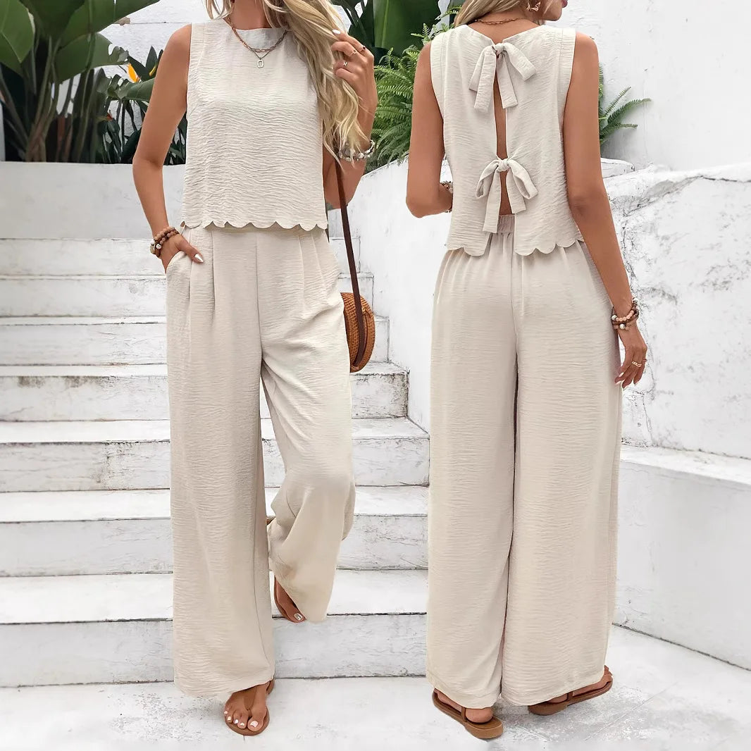 Summer Women 2 Pieces Outfits Contrast Lace UP Hollow V-Neck Tank Top Blouses & High Waist Wide Leg Pants Set For Women