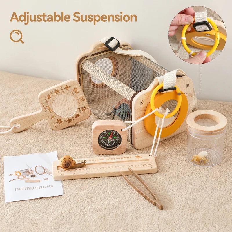 Outdoor Adventure Kit For Kids Insect Nets, Wooden Leaf Cognitive Magnifying Glasses Natural Forest Exploration Toys Kid's Gift