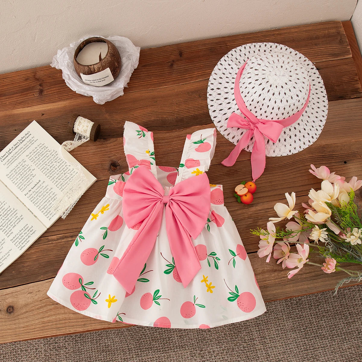 Summer Kids Beach Dress Fashion Casual Fruit Printed Dress with Hat Suit 2025New Girl Clothing