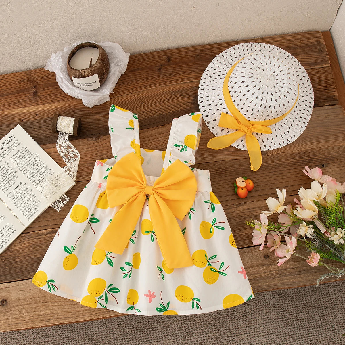 Summer Kids Beach Dress Fashion Casual Fruit Printed Dress with Hat Suit 2025New Girl Clothing