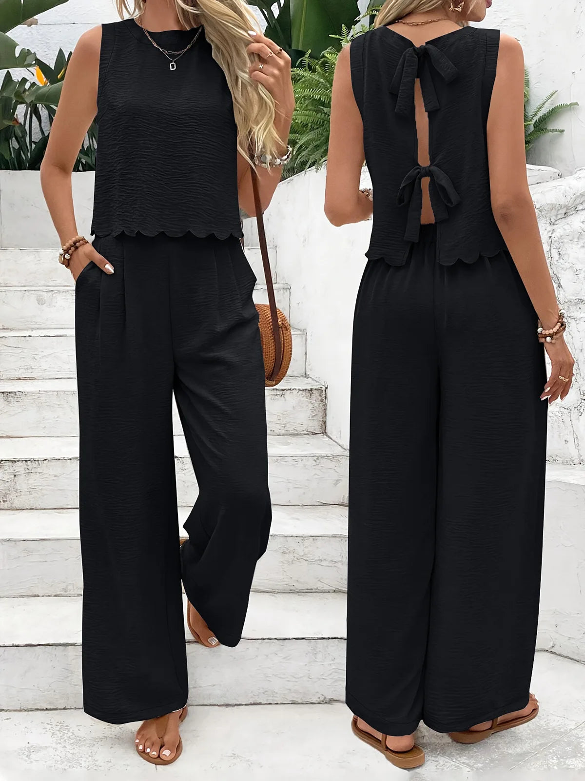 Summer Women 2 Pieces Outfits Contrast Lace UP Hollow V-Neck Tank Top Blouses & High Waist Wide Leg Pants Set For Women