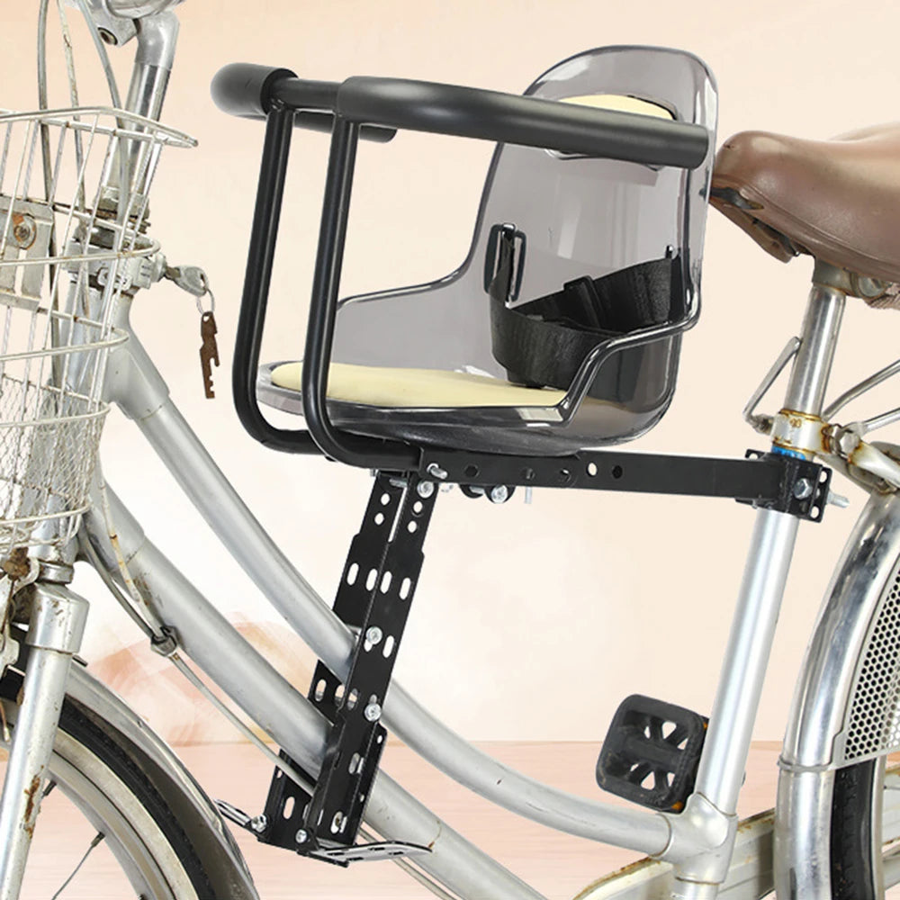 Front Mount Kids Bike Seat Mountain Bike Child Safety Seat with Guardrail and Safety Bicycle Seat Belt Bike Accessories