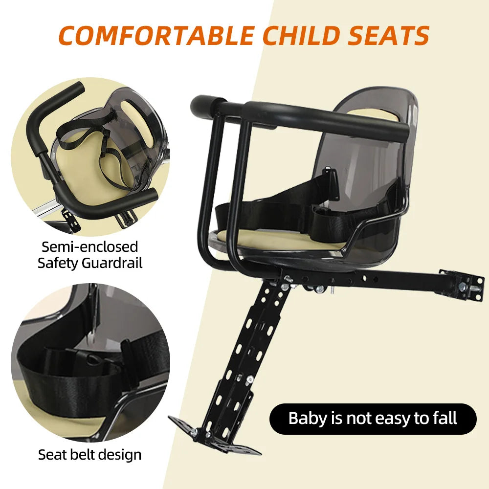 Front Mount Kids Bike Seat Mountain Bike Child Safety Seat with Guardrail and Safety Bicycle Seat Belt Bike Accessories