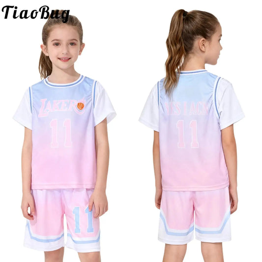 Girls Basketball Jerseys Sports Set Letter Printed Short Sleeve T-shirt with Elastic Waistband Shorts Athletic Training Uniforms