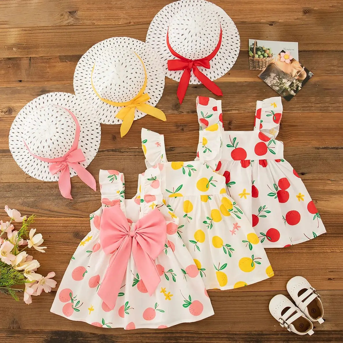 Summer Kids Beach Dress Fashion Casual Fruit Printed Dress with Hat Suit 2025New Girl Clothing